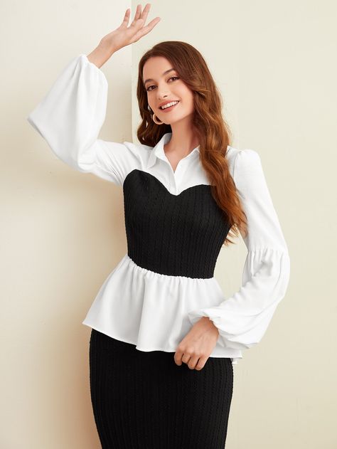 Black and White Elegant Collar Long Sleeve Fabric Colorblock Peplum Embellished Non-Stretch  Women Tops, Blouses & Tee Black Skirt Outfits, Modest Tops, Peplum Tops, Top Shein, Fairy Fashion, Form Fitting Dress, Women Blouses, Casual Work Outfits, Neutral Fashion