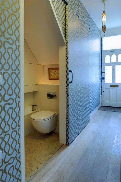 Commercial Bathroom Ideas, Understairs Toilet, Room Under Stairs, تحت الدرج, Contemporary Powder Room, Small Downstairs Toilet, Bathroom Under Stairs, Toilette Design, Small Toilet Room