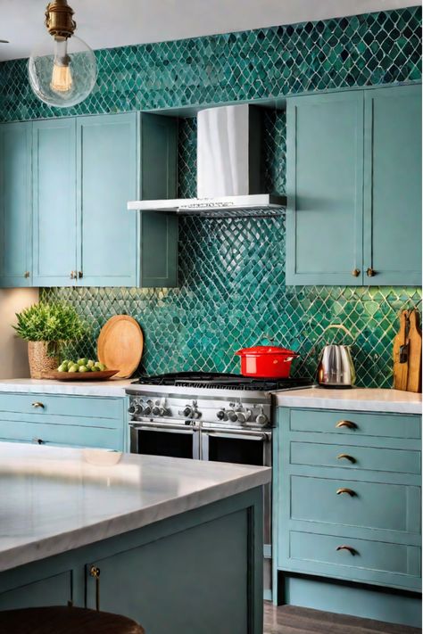 Elevate your kitchen's interior design with these 12 show-stopping backsplash ideas. Find the perfect solution to upgrade your space and reflect your personal style. Unusual Backsplash Ideas, Turquoise Backsplash, Kitchen Backsplash Makeover, Backsplash Makeover, Patterned Backsplash, Colorful Kitchen Backsplash, Backsplash Trends, Natural Stone Backsplash, Black Appliances Kitchen