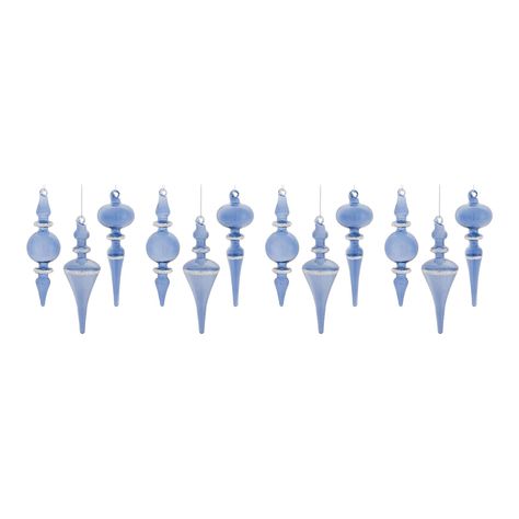 "Adorn your Christmas tree and holiday decor with this stunning set of Blue Glass Finial Drop Ornaments from Michaels. com. Featuring 12 pieces, the wintry blue tones paired with the finial design is the perfect combination to create a memorable display. Adorn your Christmas tree and holiday décor with this stunning set of blue glass finial drop ornaments. Featuring 12 pieces, the wintry blue tones paired with the finial design is the perfect combination to create a memorable display. The qualit French Blue Christmas Decor, Dusty Blue Christmas Decor, Transitional Christmas Decor, Blue And White Christmas Tree, Honeycomb Ornaments, White Urn, Glass Finial, Chinoiserie Christmas, Blue Christmas Decor