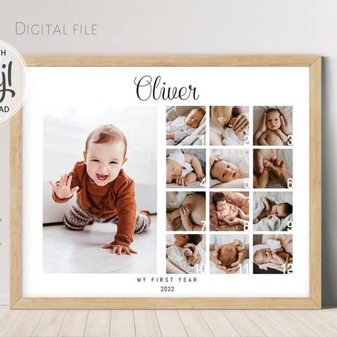 Editable First Year Photo Collage Template Baby 1st Birthday - Etsy Baby Collage Ideas, First Year Baby Pictures, Baby Photo Collage Ideas, Baby Frame Ideas, Baby First Year Pictures, Baby Photo Frame Ideas, One Year Baby Photo Ideas, Big Photo Frame, Photo Collage Ideas