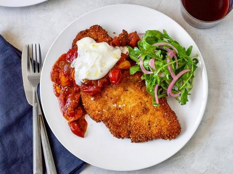 Scott Conant, Breaded Chicken Cutlets, Baby Tomatoes, Tomato Sauce Recipe, Food Network Magazine, James Beard, Fresh Oregano, Chicken Cutlets, Breaded Chicken