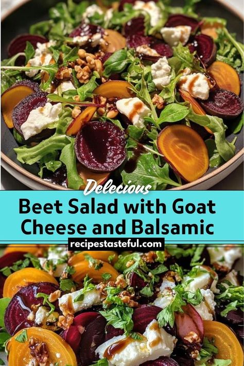 This Beet Salad with Goat Cheese and Balsamic is a fresh, elegant dish combining earthy roasted beets, creamy goat cheese, crunchy nuts, and a tangy-sweet balsamic dressing. It's perfect for a light lunch or as a sophisticated side dish for any occasion. Beet Goat Cheese Salad, Beet Salad With Goat Cheese, Beet Goat Cheese, Salad With Goat Cheese, Beet And Goat Cheese, Beet Salad Recipes, Roasted Beet Salad, Ibs Recipes, Goat Cheese Recipes