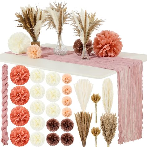 PRICES MAY VARY. Boho Wedding Table Decoration Set: you will receive 110 pieces pampas grass bouquet, 20 pieces dusty rose pink paper pom poms and 1 piece of rustic table runner, nice 131 pcs boho themed party supplies, could decorate the elegant and romantic party you want Neutral Dried Floral Grass: contains 50 bunny tails dried flowers, 20 mini reed grass, 15 white pampas, 15 brown pampas; 5 white reeds and 5 brown reeds, a total of 110 pcs; Dried floral arrangements are naturally dried and p Rose Gold Boho Birthday Party, Fall Birthday Centerpieces For Table, Girly Fall Baby Shower Decor, Boho Baby Shower Backdrop Ideas, Boho Centerpieces Baby Shower Girl, Pampas Party Decor, Dusty Rose Baby Shower Theme, Bohemian Theme Party Decoration, Boho Baby Shower Table Decor