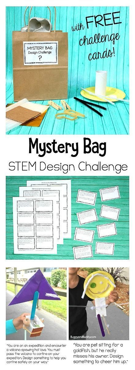 STEM Design Challenge for Kids: Mystery Bag Challenge with Free Printable STEM Challenge Cards- Makes a great classroom center, summer camp activity, or boredom buster! ~ BuggyandBuddy.com Stem Bins, Stem Camp, Stem Club, Elementary Stem Activities, Fun Stem Activities, Steam Challenges, Camping Activities For Kids, Stem Classes, Stem Elementary