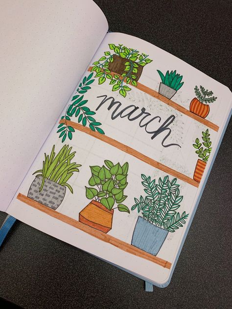 Plants Cover Page, March Bullet Journal Cover, Journal Cover Page, Bullet Journal Work, March Bullet Journal, Project Cover Page, Bullet Journal Cover, Plant Doodle, Anniversary Scrapbook