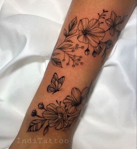 45 Tattoo, Best Feminine Tattoos, Arm Wrap Tattoo, Wrap Around Wrist Tattoos, Butterfly Tattoos On Arm, Around Arm Tattoo, Wrap Around Tattoo, Wrap Tattoo, Hand Tattoos For Girls