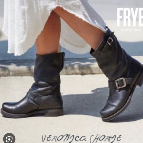 The Veronica Short Boot Is A Frye Classic And Staple For The Closet. This Verstile Pattern Pairs Well With Denim To A Sundress And Is Modeled After Heritage Frye Moto Style. Crafted From Supple Leather, This Pattern Features A Rubber Lug Soles And An Unlined Mid-Calf Shaft Height. Dark Brown/Black: Soft Tumbled Leather; Redwood/Stone: Washed Veg Leather; Antiqued Black: Distressed Brush Off Leather Unlined Leather Outsole With Rubber Forepart Stacked Leather Heel Metal Hardware 6 3/4" Shaft Heig Mid Calf Boots Outfit, Frye Boots Outfit, Calf Boots Outfit, Slouchy Leather Boots, Frye Veronica Short, Frye Veronica, Dark Brown Boots, Short Leather Boots, Leather Western Boots