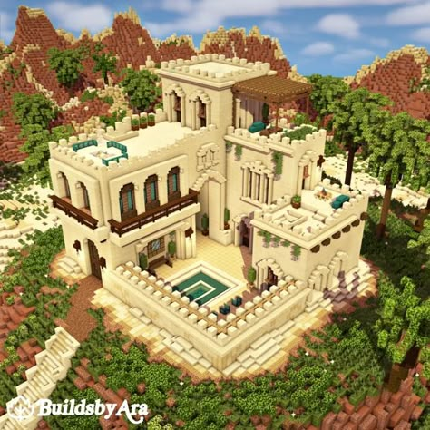 Minecraft Houses Sandstone, Minecraft Hacienda, Minecraft Sandstone Buildings, Minecraft Building Ideas Desert, Minecraft Mediterranean House, Minecraft Desert City, Minecraft Sandstone, Minecraft Desert Builds, Minecraft Desert House