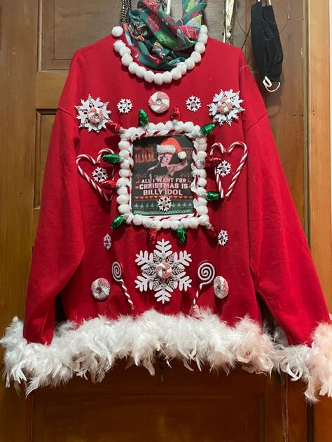 Made my first “Ugly Christmas Sweater” with Billy Idol as the center piece. Candy canes, Christmas Lights, Snowflakes on a red sweatshirt. So Festive Candy Cane Ugly Sweater Ideas, Ugly Sweater Ideas, Sweater Ideas, Red Sweatshirt, Billy Idol, Homemade Candies, Candy Canes, Ugly Sweater, Ugly Christmas