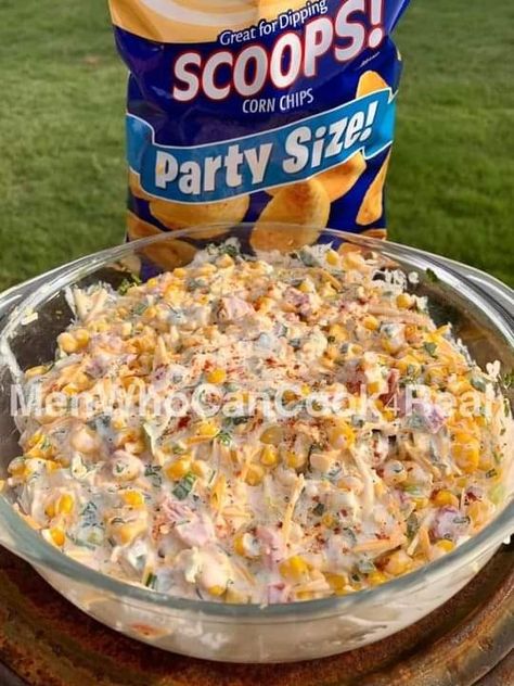 via Rickey Thomas 2 cans Mexicorn, 1 can Rotel (reg or hot), 2 cups shredded cheddar, 8 green onions (sliced), + 1 cup each mayo and 8oz sour cream and one bunch of cilantro. Now mix that up. 😍 Mexican Corn Dip, Mexican Street Corn Dip, Hot Corn Dip, Mexican Dips, Corn Dip Recipes, Hot Corn, Corn Dip, Dip Recipes Easy, Corn Salad