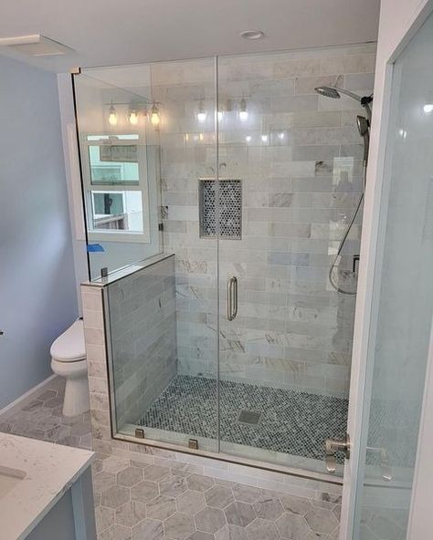 Summit Glass & Mirror | Corner pony-wall shower enclosure🙌🏻 . . #frameless #framelessshowerdoor #glassdesign #modernglass | Instagram Half Wall Corner Shower Ideas, Tile Shower With Half Glass Wall, Shower Glass Panel Half Walls, Shower Door With Pony Wall, Glass Shower Surround, Pony Wall Between Shower And Toilet, Glass Shower With Pony Wall, Master Shower With Pony Wall, Walk In Shower With Pony Wall