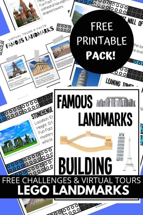 LEGO Landmark Challenges and Virtual Tours with FREE Printable Famous Landmarks Around The World, Landmarks Around The World, Geography Lesson Plans, Lego Math, Fun Facts For Kids, Lego Challenge, Human Body Unit, Lego Club, Free Lego