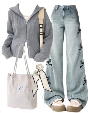 OOTD: Zip Up Cardigan + Bow Jeans + Corduroy Tote Bag | fairypeony New Jeans Outfit, Cute Jeans Outfit, What To Wear With Jeans, Simplistic Fashion, Outfit Ideas With Jeans, Jeans Bags Ideas, Aesthetic Ropa, Bow Jeans, Outfits Jeans