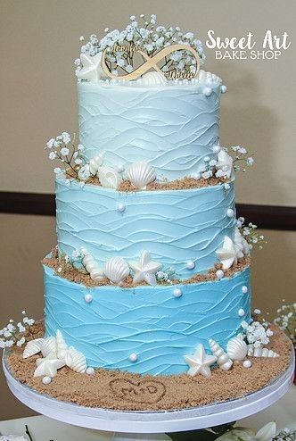 Edible Seashells, Wedding Cake Beach, Ombre Ruffle Cake, Beach Theme Wedding Cakes, Cake Design Ideas, Beach Themed Cakes, Ocean Cakes, Dream Beach Wedding, Dessert Bar Wedding