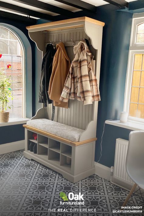 An organised hallway is a must for a welcoming entrance to your home. Keep it clean and clutter-free with stylish storage for your shoes and coats. #Hallway #HallwayDecor #EntranceHallStyle #HallwayShelving #HomeStyle #InteriorStyle #CoatStorage #ShoeStorage #StylishStorage Entry Coat Rack Bench, Hallway And Stairs Ideas, Coat Stand Hallway, Dark Hallway Ideas, Shoe Storage Hall, Hallway Stand, Hallway Shelving, Entry Coat Rack, Grey Painted Furniture