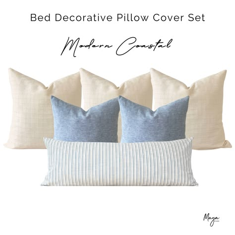 "Linen Pillow cover set for a Modern Coastal and Natural look of your King Bed and Queen Bed. All Pillow Covers are made of Natural Linen & Cotton in Cream and Light Blue Tones: 3 pillow covers: 22\"x22\" Cream Textured Non Dyed Linen (Double Sided) 2 pillow covers: 18\"x18\" Light Blue Soft linen (neutral canvas in the back) 1 Long Lumbar cover: 14\"x36\" Light Blue and Cream Striped (neutral canvas in the back) FEATURES: * pillow insert NOT included * handmade to your order, with a great care. Blue Bed Pillows, Bed Pillow Cover, Cream Bedrooms, Pillows Blue, Bed Pillow Covers, Coastal Bedroom, Bed Pillow, Blue Soft, Master Bedding