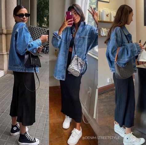 Long Denim Jacket, Jacket Outfit Women, Mode Hijabi, Denim Jacket Outfit, Denim Skirt Outfits, Mode Casual, Outfit Look, Mode Inspo, Denim Jackets