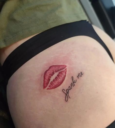 Kiss Face Tattoo, Lips Tattoo Design Kiss, Tattoos For Buttocks For Women, Kiss Print Tattoo, Tattoos On Buttocks For Women, Kiss Tattoo Ideas, Kiss Tattoo Design, Tattoo Under Bum Cheek, Cheeky Tattoos