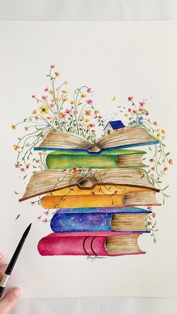 Cozy Books, Bookshelf Art, Abstract Tree Painting, Watercolor Books, Spring Painting, Book Drawing, September 16, Painted Books, Watercolor Cards