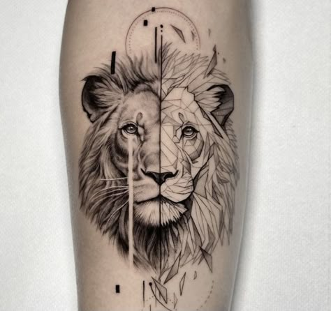 Lamb Tattoo, Lion Tattoo Ideas, Geometric Lion Tattoo, Tattoo Lion, Geometric Lion, Arm Tats, Lion Head Tattoos, Safari Art, Lion Tattoo Design