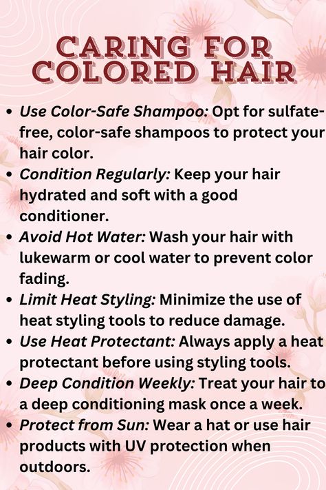 Keep your dyed hair vibrant and healthy with these essential tips! Maintain your hair's color and shine with the right care routine and products. #ColoredHairCare #DyedHairTips #VibrantHair #HealthyHair #HairCareRoutine #HairColorMaintenance #BeautyTips #HairInspo #PinterestBeauty #HairGoals #HairCareSecrets #SelfCare #haircareroutine #haircare #healthyhabits #health #selflove Cosmetology Notes, Dyed Hair Care, Caring For Colored Hair, Color Safe Shampoo, Dyed Natural Hair, Hair Routine, Deep Conditioning, Deep Conditioner, Colored Hair