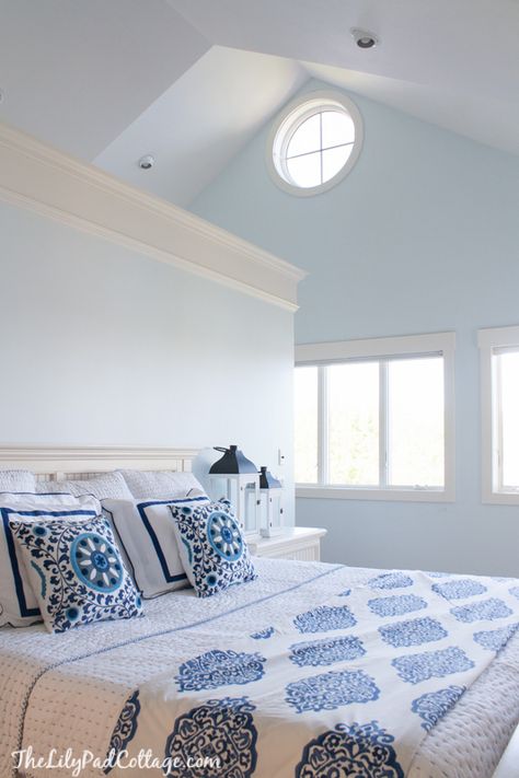 Pretty and calming light blue paint color, love this for the master bedroom. Light Blue Paint Color, Light Blue Rooms, Light Blue Paint Colors, Bedroom Makeover Before And After, Light Blue Paint, Lilypad Cottage, Light Blue Bedroom, Blue Bedrooms, Blue Paint Color