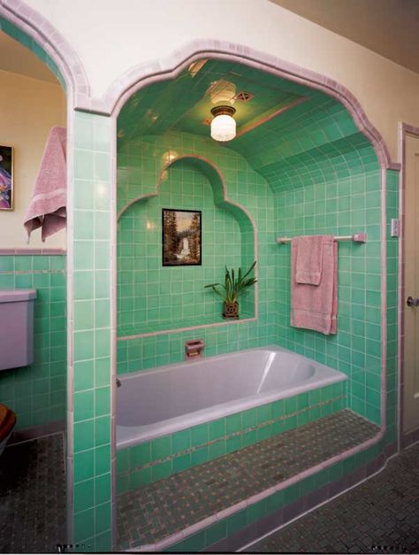 Dazzling Tile for Art Deco Baths | Design for the Arts & Crafts House | Arts & Crafts Homes Online Spanish Art Deco, Interior Art Deco, Sunken Bathtub, Bungalow Bathroom, Art Deco Bathrooms, Art Deco Tiles, Vintage Tub, Green Art Deco, Art Deco Bathroom