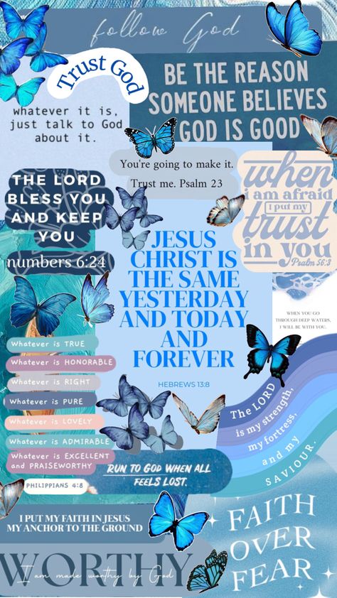 A collage with bible verses in blue with some blue butterflies. Blue Bible, Blue Aesthetics, Bible Quotes Background, Christian Iphone Wallpaper, Scripture Wallpaper, Quotes Jesus, Wallpaper Bible, Cute Bibles, Christian Quotes Wallpaper