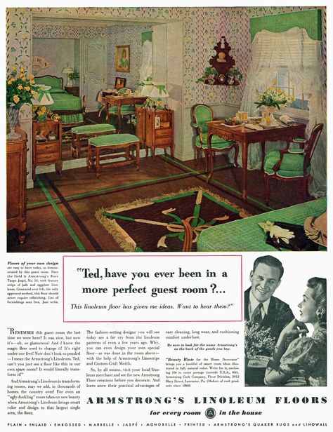 1930s Decor, Linoleum Floors, Vintage House Plans, Furniture Ads, Living Vintage, Linoleum Flooring, Art Magazine, American Home, Magazine Ad