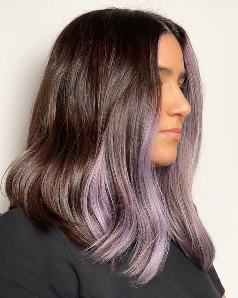 Purple Money Piece, Purple Money, Purple Brown Hair, Money Piece Hair, Light Purple Hair, Trend Ideas, Peekaboo Hair, Medium Brown Hair, Hair Adviser