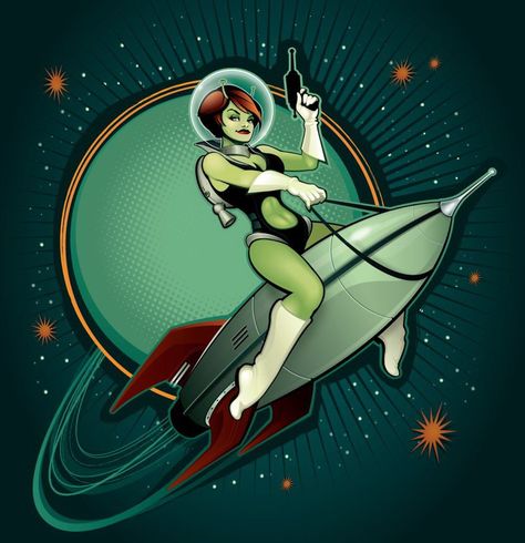 Rocket Girl Atomic Kitten, Retro Tattoos, Alien Girl, Rocket Girl, Space Girl, Nose Art, Science Fiction Art, Retro Futuristic, Pin Up Art