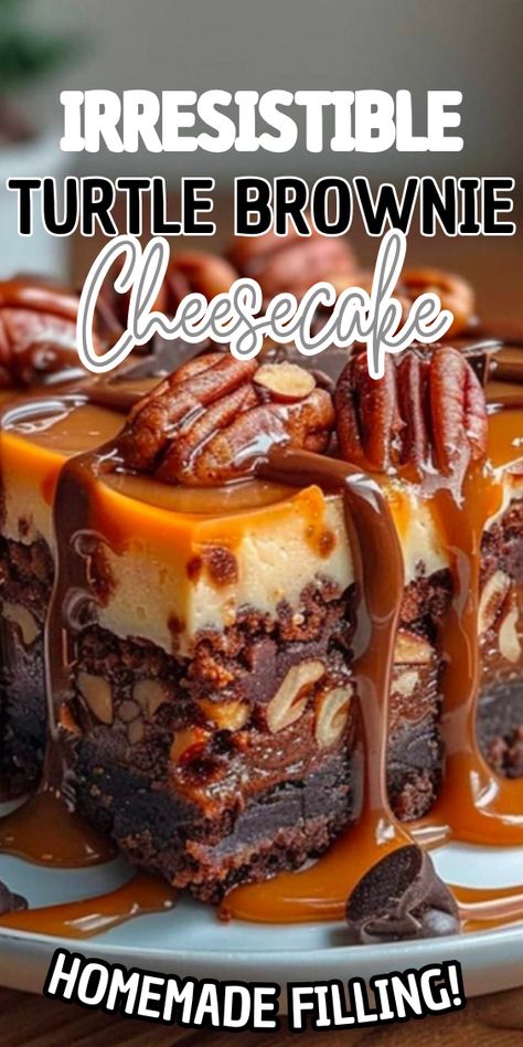 Irresistible Turtle Brownie Cheesecake Brownie Turtle Cheesecake, Cheesecake Brownie Bars Recipes, Crockpot Turtle Brownies, Carmel Turtle Brownie Cheesecake, Turtle Cheesecake Brownies, Brownies Cheesecake Recipe, Candy Bar Cheesecake Recipes, Carmel Brownie Cheesecake Recipe, Caramel Cheesecake Brownies