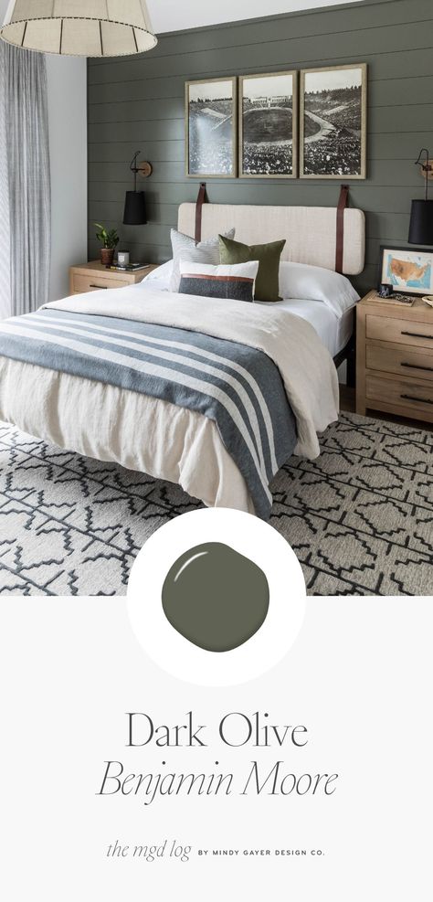 Head over to the blog to see our Windward project paint guide! This particular project is filled to the brim with unique paint hues in the prettiest shades of grey, green, black, and beige. This dark olive paint color in the boys bedroom looks timeless and elevated with the shiplap wall detail. Paint Colors For Country Home, Bedroom Repainting Ideas, Indoor Cabin Paint Colors, Transitional Interior Paint Colors, Rustic Bedroom Colors Paint, Painting The House Interior Ideas, Sw Interior Paint Colors, New Construction Paint Colors, Mud Room Colors Paint