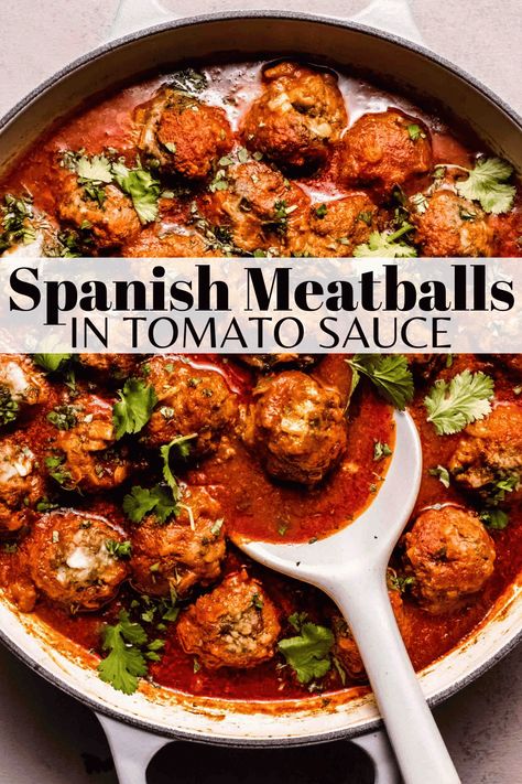 These Spanish Meatballs in Enchilada Sauce (Albondigas) simmer in a richly spiced tomato sauce until they're flavorful & delicious! Spanish Meatballs, Baked Meatball Recipe, Meat Entrees, Tasty Meat, Homemade Dinner, Quick Weeknight Meals, Food Articles, Best Dinner Recipes, Enchilada Sauce