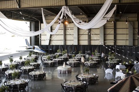 Hanger Wedding Reception, Airport Hanger Wedding, Airplane Hanger Wedding, Airplane Hangar Wedding, Aviation Wedding Theme, Pilot Wedding, Airport Wedding, Hangar Wedding, Airplane Hanger