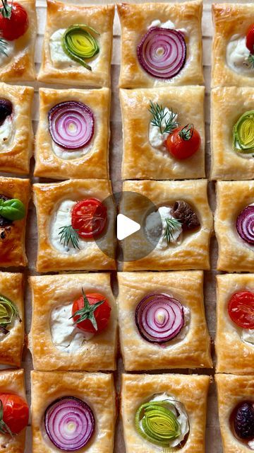 Puff Pastry Squares Recipes, Puff Pastry Snack Ideas, Cold Puff Pastry Appetizers, Puff Pastry Recipes Savory Pinwheels, Puff Pastry Recipes Savory Tart, Mini Puff Pastry Appetizers, Vegetable Puff Pastry, Pastry Folding, Breakfast Puff Pastry