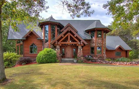 Your Log Cabin Fantasy is Only $1.6M and Just Outside Eau Claire... Stone And Log Homes, Log Cabins Exterior, Log Cabin Mansions, Cabin Mansion, Stone Homes, Fantasy Houses, Stone Archway, Three Season Room, Heated Garage