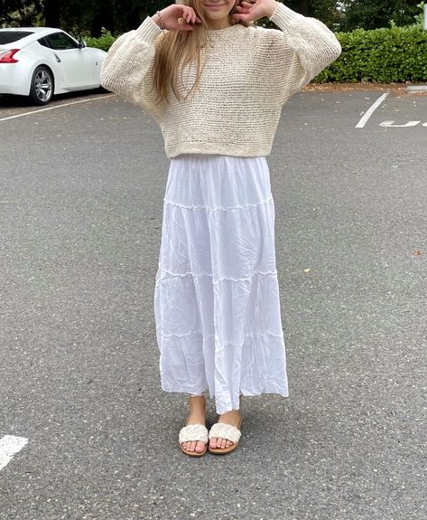 White Boho Skirt Long, Flowy Modest Outfits, Beige Boho Outfit, Sundress And Sweater Outfit, Summer Flowy Skirt, Long White Skirt Outfit Modest, Brandy Melville White Skirt, White Tier Skirt Outfit, Modest Coastal Outfit