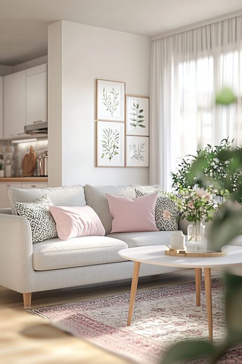 Brighten your living room decor with this elegant setup! The soft pink pillows, leafy artwork, and natural light create a serene and inviting atmosphere. Perfect for a modern and chic look. #LivingRoomDecor #CozyHome #InteriorDesign Pink Beige Living Room, Pink Accent Living Room, Pink Accents Living Room, Soft Pink Pillows, Sage Living Room, Cozy Living Room Decor, Beige Living Rooms, Apartment Living Room Design, Perfect Living Room