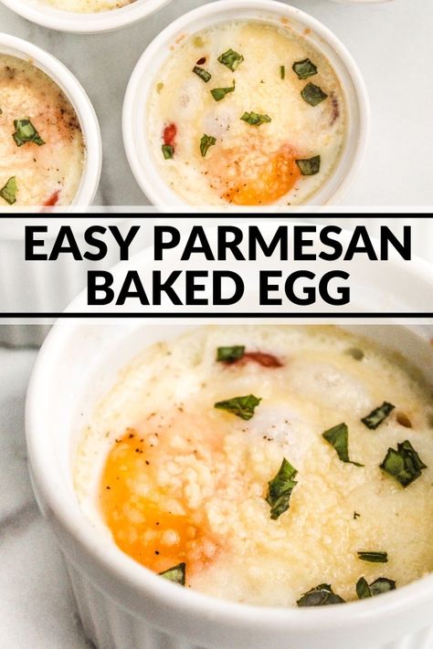 This baked egg recipe is perfect for entertaining or when you just want to treat yourself to a special (but still easy) breakfast. Topped with parmesan and fresh basil, each egg cooks in an individual ramekin for an elegant presentation. Egg Ramekins Breakfast, Ramekin Breakfast Recipes, Ramekin Recipes Dessert, Ramekin Eggs, Baked Eggs In Ramekins, Ramkin Recipes, Breakfast Plating, Ramekin Breakfast, Ramekin Recipes