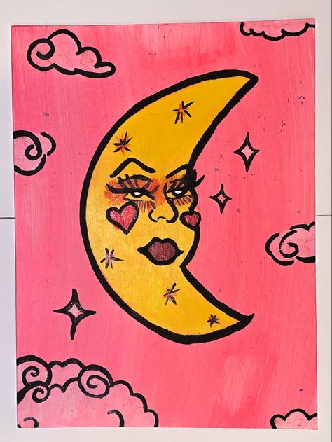 #painting #moon #canvas #pink #sparkle #yellow #face #clouds #moonpainting #cloudpainting #sky Moon Face Painting, Pink Moon Painting, Painting Moon, Painting Face, Moon Canvas, Moon Painting, Moon Face, Pink Moon, Cloud Painting