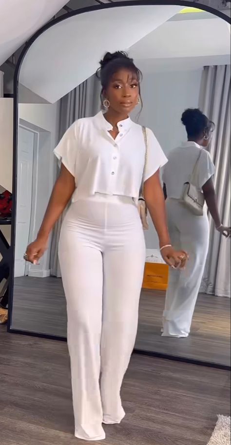 White 2piece Outfits, White Top And Trousers Outfit, Tops For Palazzo Pants Classy Casual, Cooperate Two Piece Outfits, Shirt And Palazzo Outfit, Plain And Pattern Styles For Ladies Trouser And Top, White Casual Outfits For Women, Pants And Top Outfit Classy, 2piece Outfits Pants