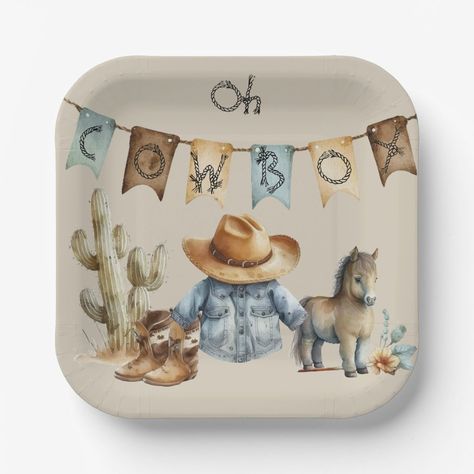 Celebrate your little cowboy with these adorable paper plates! Cowboy Plates, Cow Baby Shower Centerpieces, Cowboy Baby Shower Centerpieces, Little Cowboy Baby Shower Ideas, March Baby Shower, Cowboy Baby Shower Theme, Baby Shower Plates, Boys Food, March Baby