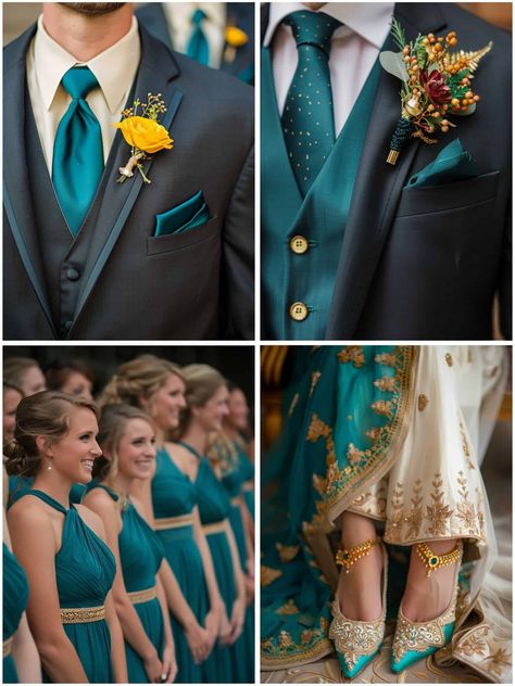 Teal Black Gold Wedding Decorations, Teal And Gold Wedding Theme, Red And Green Wedding Theme, Teal Yellow Wedding, Green Wedding Theme Ideas, Gold Wedding Theme Ideas, Teal And Gold Wedding, Red And Green Wedding, Green Wedding Theme