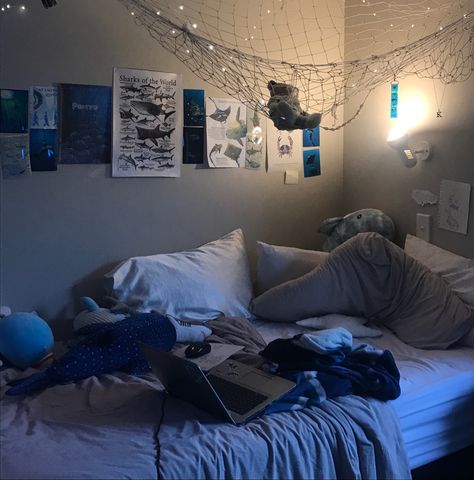 This is my room, tag me if u repost:)  #roominspo #aestheticroom #aesthetic #room #oceanroom #oceanroominspo #ocean #marinelife #marine #shark #fish #roomdecor Shark Room Aesthetic, Room Ideas Ocean, Aquatic Bedroom, Ocean Bedroom Ideas, Ocean Room Ideas, Ocean Themed Room, Shark Bedroom, Shark Room, Ocean Themed Rooms