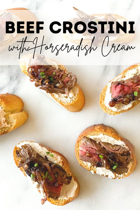 Doesn’t the word crostini just sound fancy? Enjoy this Beef Crostini appetizer topped with a creamy horseradish spread the next time you host a party or just want a light, delicious dinner.  #beef #crostini #appetizer #partyrecipe Steak Crostini Horseradish, Steak Crostini Appetizers, Beef Crostini Appetizers, Roast Beef Crostini, Christmas Tapas, Bruschetta Crostini, Beef Crostini, Steak Crostini, Crostini Appetizer