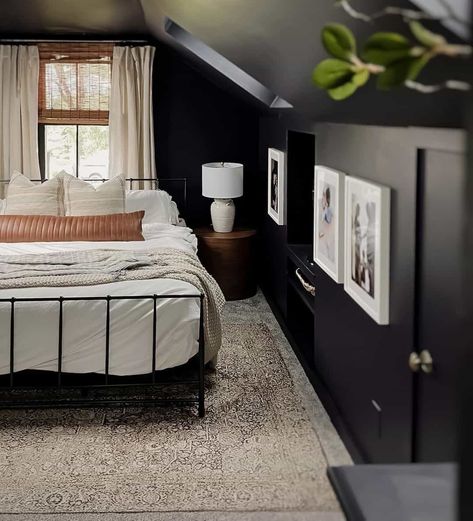 Black Bedroom Vaulted Ceiling, Paint Attic Bedroom Sloped Ceiling, Attic Rec Room Ideas, Black Painted Ceiling Bedroom, Black Bedroom White Trim, Painting Attic Rooms Sloped Ceiling, Slanted Ceiling Bedroom Paint, Sloped Ceiling Bedroom Decor, Sloped Bedroom Ceiling