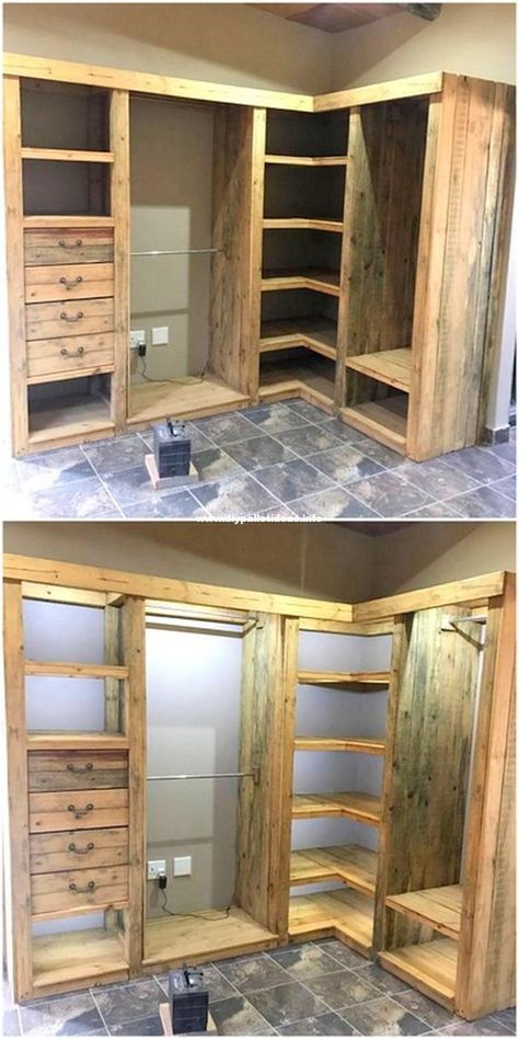 Pallet Closet, Closet Idea, Pallet Furniture Plans, Wood Closet, Pallet Patio Furniture, Pallet Patio, Wooden Pallet Furniture, Closet Remodel, Bedroom Closet Design