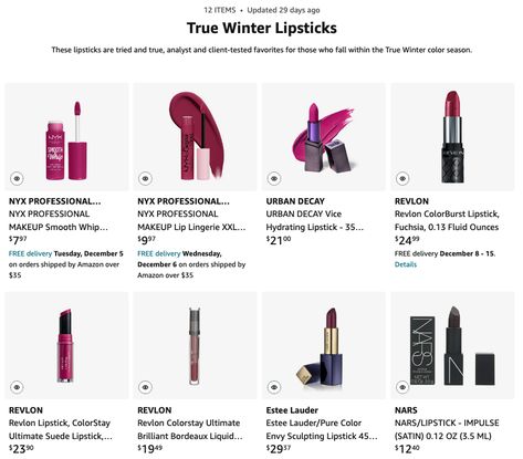 True-Winter-Lipsticks_Amazon True Winter Lipstick, Winter Lipstick Colors, True Winter Palette, True Winter Makeup, True Winter Color Palette, Winter Skin Tone, Winter Lipstick, Winter Lip Color, Deep Winter Palette